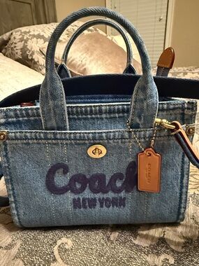 Coach Denim Mini Tote with Navy Logo and Tan Tag